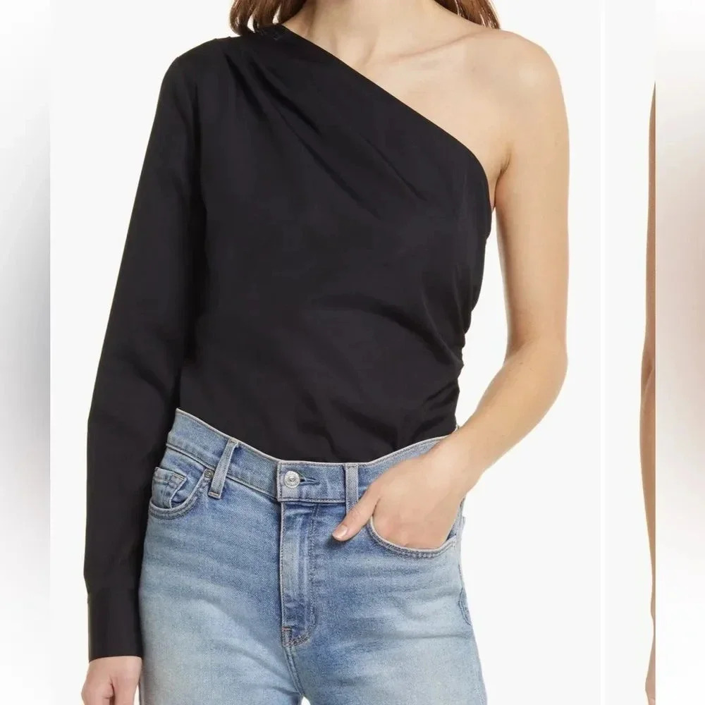 Halogen Poplin One-Shoulder Top‎ Black NWOT